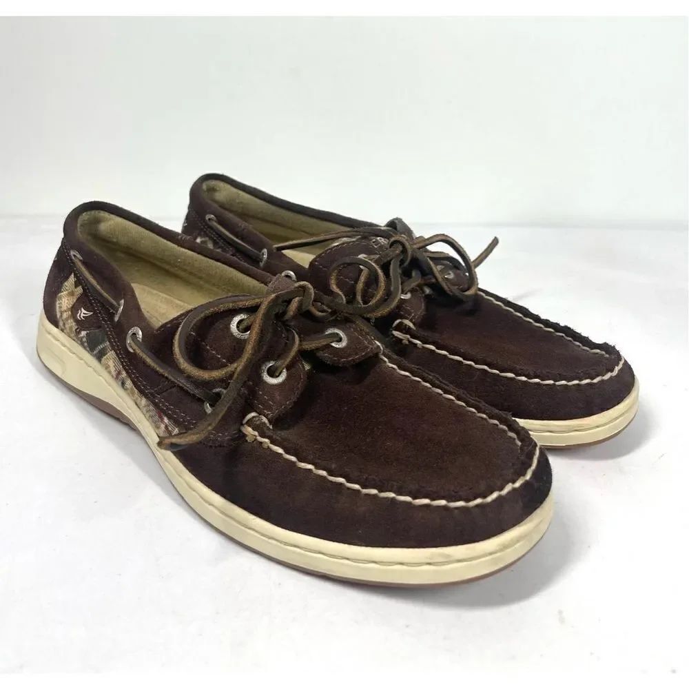 Sperry Top Sider Brown Leather & Plaid Boat Shoes Women Size 8.5